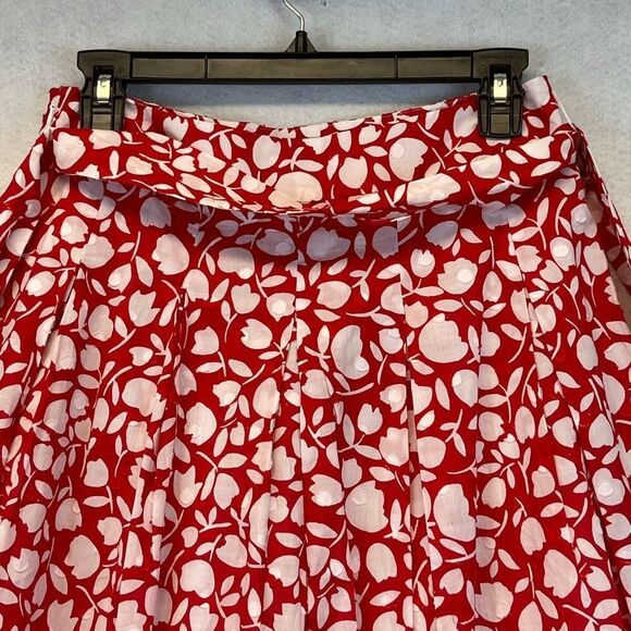 TALBOTS Midi Skirt 6P Red White Floral Print Cotton Lined A-Line Tie Textured - Picture 11 of 13